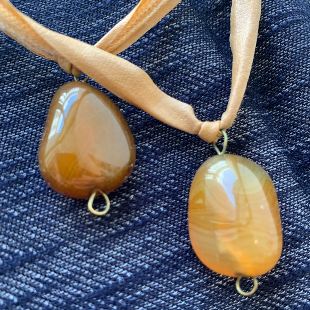 Long Amber?/Brown Stone and Leather Necklace, 48”